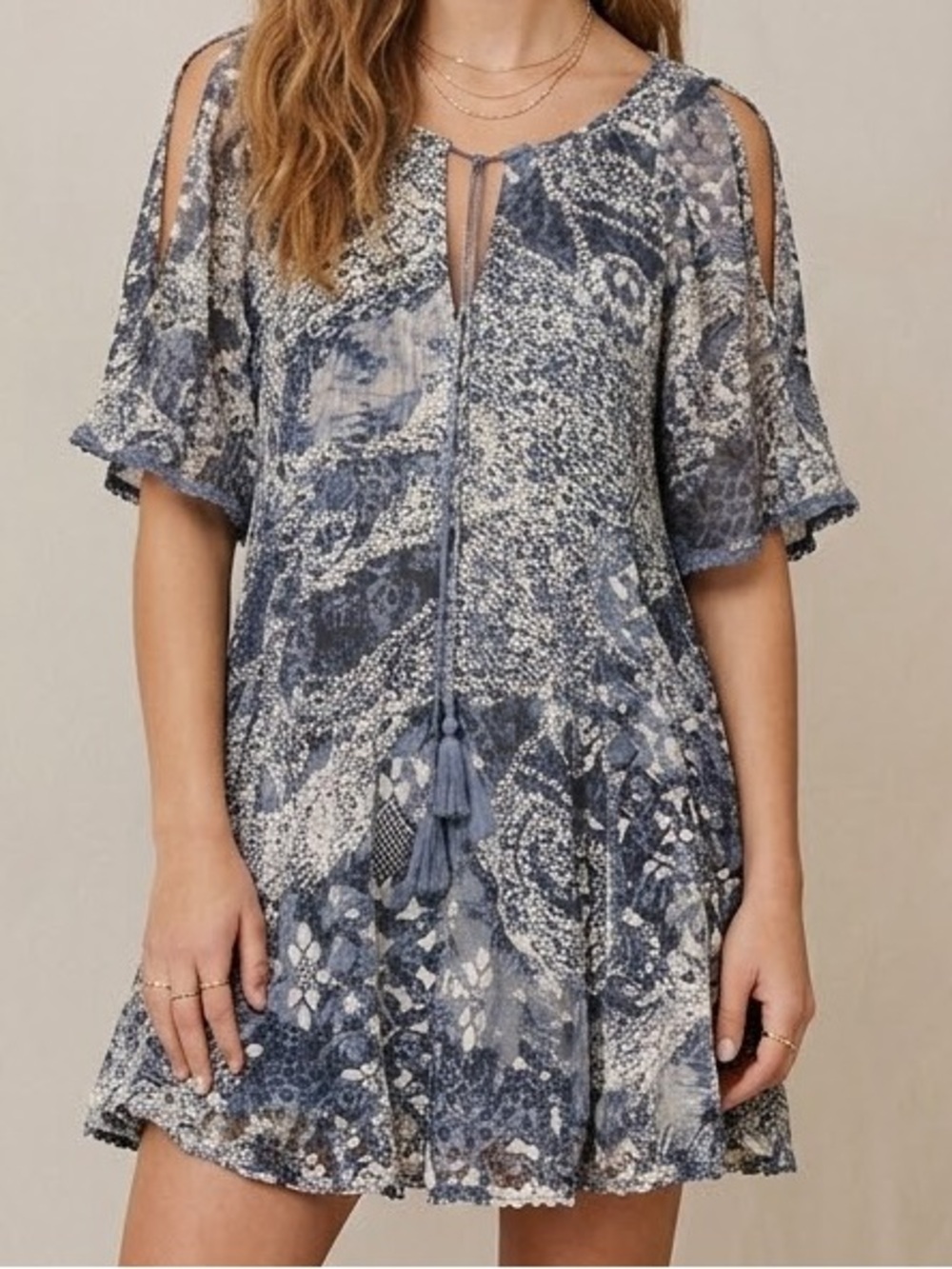 Free People Blue Mixed Floral Paisley Mini Dress XS Split Flutter Sleeve Boho